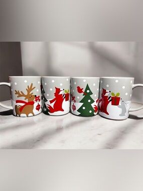 4 Crate & Barrel Joan Anderson Christmas Critters Coffee Cups Mug Deer Fox Bunny
